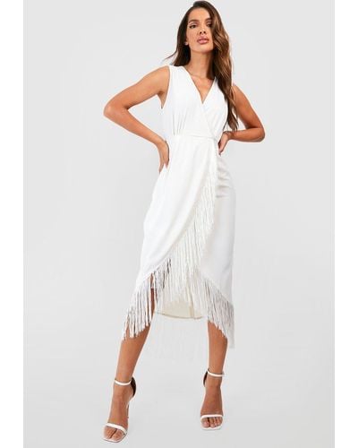Boohoo Tassel Hem Wrap Midi Dress - White
