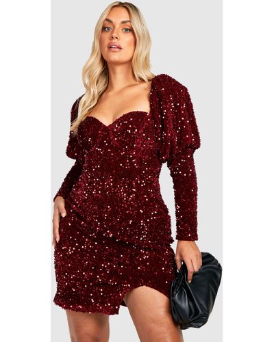 Boohoo Plus Sequin Puff Sleeve Mini Dress - Red