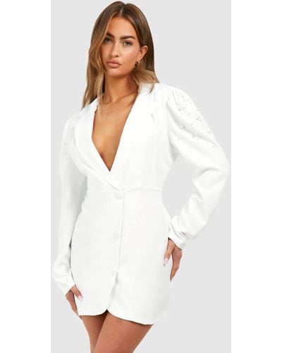 Boohoo Pearl Detail Puff Sleeve Tailored Blazer Dress - White