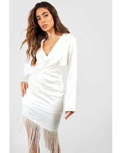 Boohoo Satin Tassel Wrap Mini Dress - White