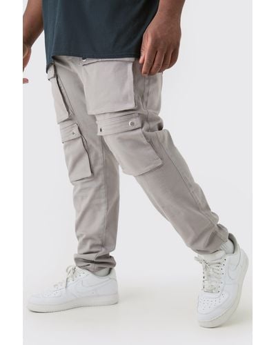 Boohoo Plus Fixed Waist Skinny Multi Cargo Pocket Trouser - Grey