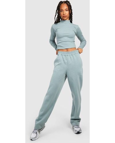 Boohoo Tall Ribbed Funnel Neck Top And Jogger Set - Blue