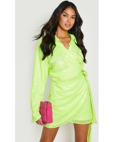 Boohoo Neon Sequin Wrap Shirt Dress - Green