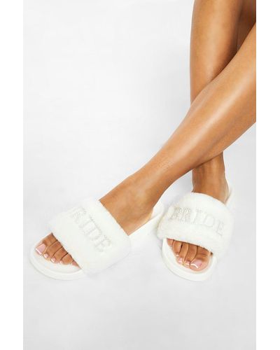 Boohoo Bridal Fluffy Pearl Embroidered Slides - White