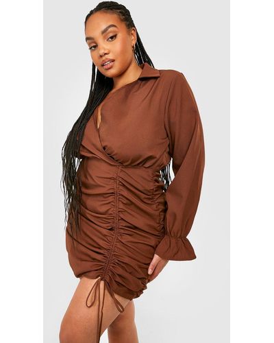 Boohoo Plus Ruched Detail Long Sleeve Shirt Dress - Brown