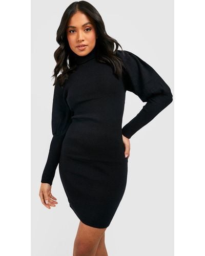 Boohoo Petite Turtleneck Puff Sleeve Knitted Sweater Dress - Black