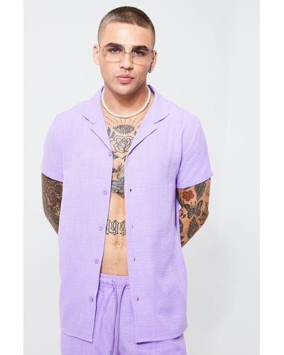 BoohooMAN Short Sleeve Linen Revere Shirt - Purple