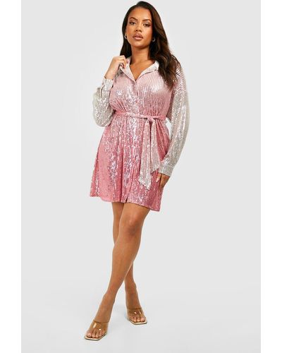 Boohoo Plus Sequin Ombre Oversized Shirt Dress - Red