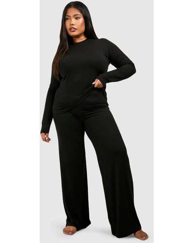 Boohoo Plus Super Soft Long Sleeve Top & Trouser Pj Set - Black