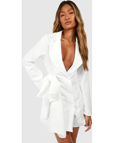 Boohoo Bow Detail Double Breasted Blazer Dress - White