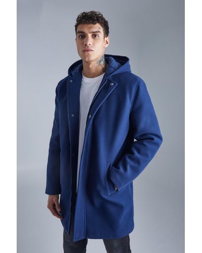 BoohooMAN Concealed Placket Hooded Overcoat - Blue