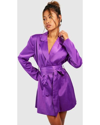 Boohoo Matte Satin Obi Tie Waist Blazer Dress - Purple