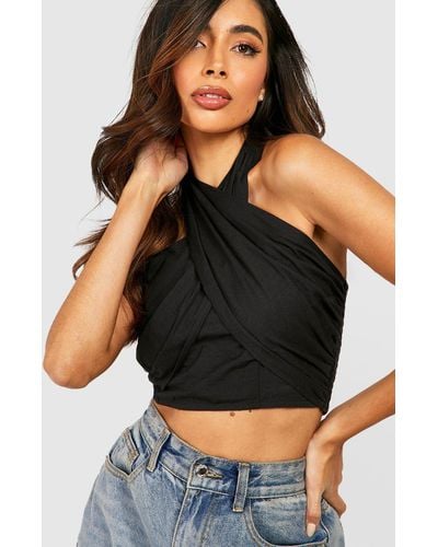 Boohoo Top Crop De Lino Con Escote Halter Y Atadura En La Espalda - Negro