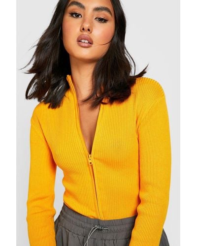 Boohoo Half Zip Up Knitted One Piece With Funnel Neck - Yellow