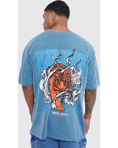 BoohooMAN Oversized Worldwide Tiger Wash Graphic T-shirt - Blue