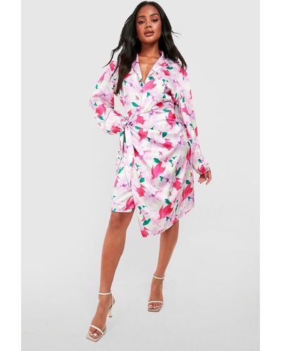 Boohoo Floral Satin Wrap Dress - Red