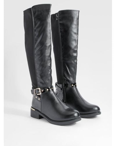 Boohoo Wide Fit Buckle Detail Panel Knee High Boots - Black