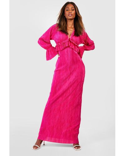 Boohoo Plisse Long Sleeve Ruffle Detail Maxi Dress - Pink