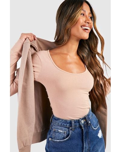 Boohoo Basic Long Sleeve Scoop Neck One Piece - Natural