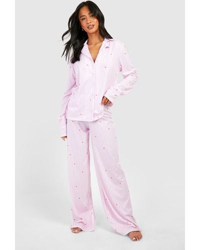 Boohoo Petite Love Heart Pinstripe Pyjama Set - Rosa
