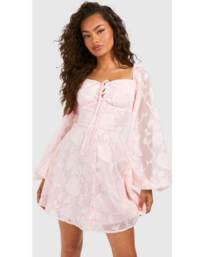 Boohoo Textured Balloon Sleeve Milkmaid Mini Dress - Pink