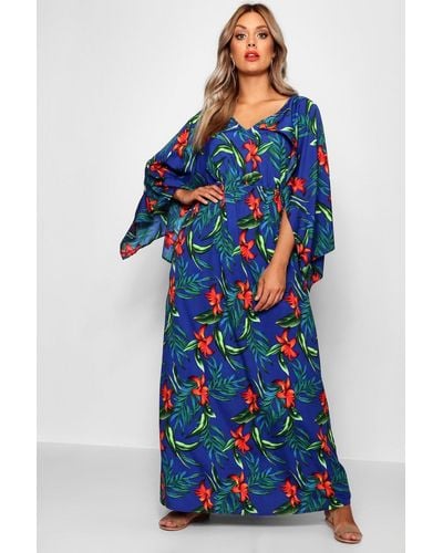 Boohoo Plus Tropical Kimono Sleeve Maxi Dress - Blue