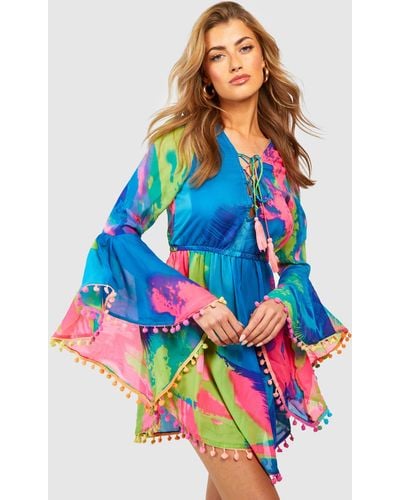 Boohoo Vestido De Playa Con Pompones Y Estampado Tropical - Multicolor