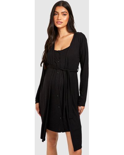 Boohoo Maternity Button Front Nightgown And Robe - Black