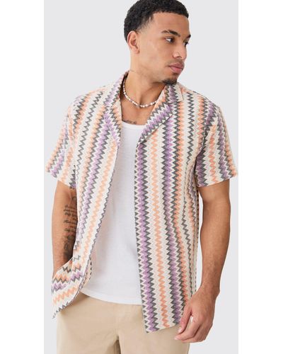 BoohooMAN Open Weave Striped Pocket Oversized Shirt - Weiß