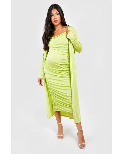 Boohoo Maternity Strappy Cowl Neck Dress And Duster Coat - Yellow