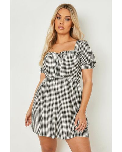 Boohoo Plus Gingham Puff Sleeve Smock Dress - Black