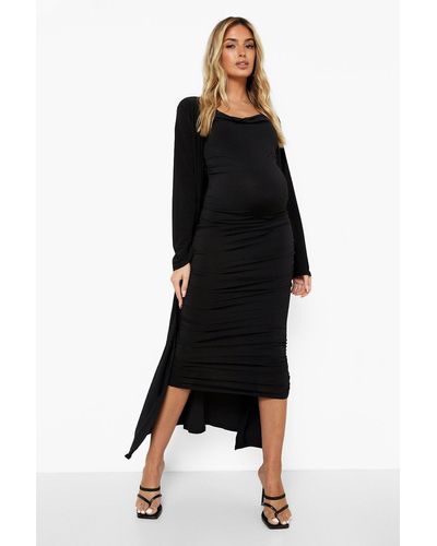 Boohoo Maternity Strappy Cowl Neck Dress And Duster Coat - Black