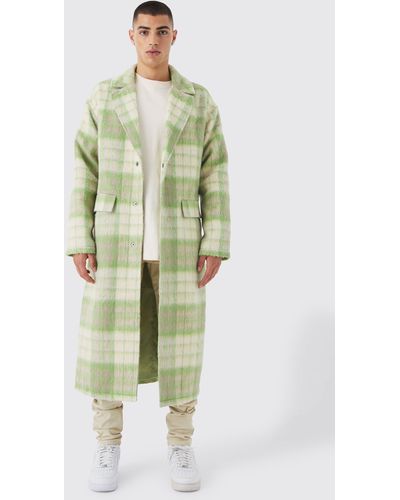 BoohooMAN Longline Brushed Check Belted Overcoat - Green