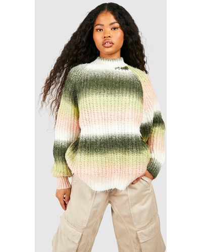 Boohoo Petite Stripe Yarn High Neck Sweater - Green