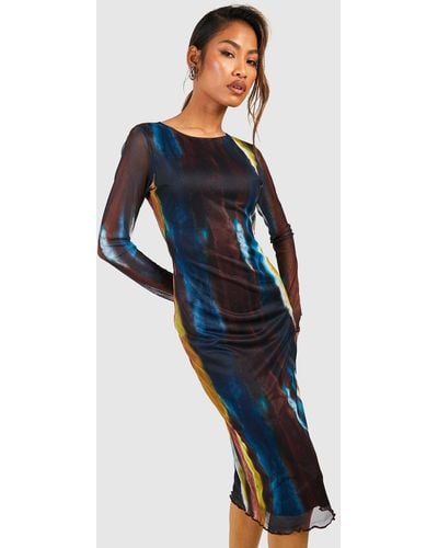 Boohoo Printed Mesh Long Sleeve Bodycon Dress - Blue