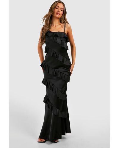 Boohoo Satin Ruffle Asymmetric Maxi Dress - Black