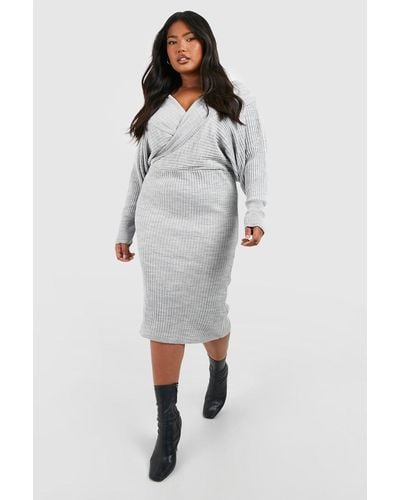 Boohoo Plus Wrap Knitted Midi Dress - Gray
