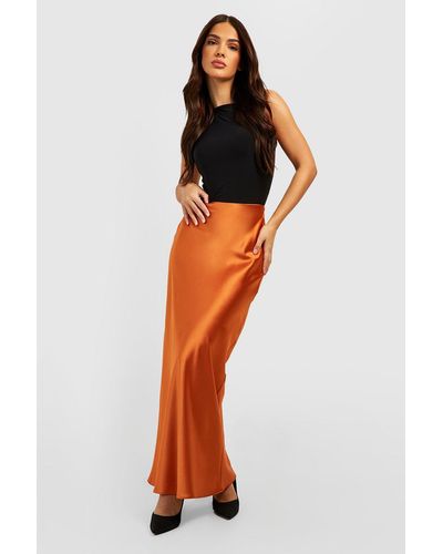 Boohoo Falda Maxi Lencera De Raso Al Bies - Naranja