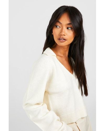 Boohoo Soft Knit Fine Gauge Cropped Polo Collar Sweater - White