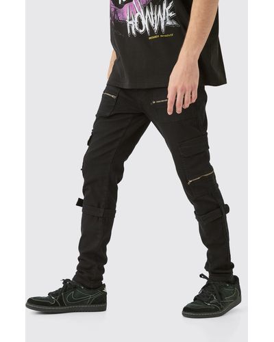 BoohooMAN Skinny Stretch Zip Multi Strap Cargo Trouser - Schwarz