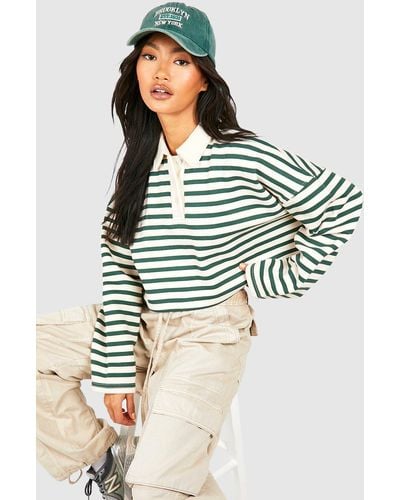 Boohoo Striped Long Sleeve Collared Cropped Shirt - Blue