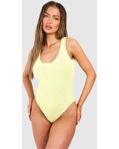 Boohoo Premium Crinkle Scoop Neck Bathing Suit - Yellow