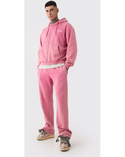 Boohoo Tall Oversized Boxy Zip Hooded Laundered Wash Tracksuit - Pink