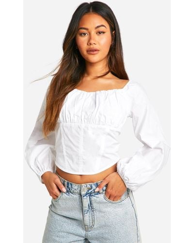 Boohoo Ruched Bust Puff Long Sleeve Corset - White