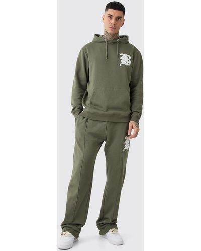 BoohooMAN Tall B Badge Stacked Gusset Hooded Tracksuit - Green