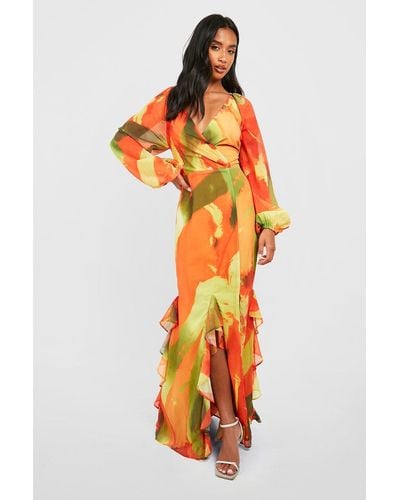 Boohoo Petite Abstract Print Ruffle Wrap Maxi Dress - Orange
