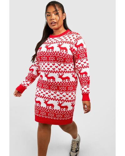 Boohoo Plus Fairisle Christmas Sweater Dress - Red