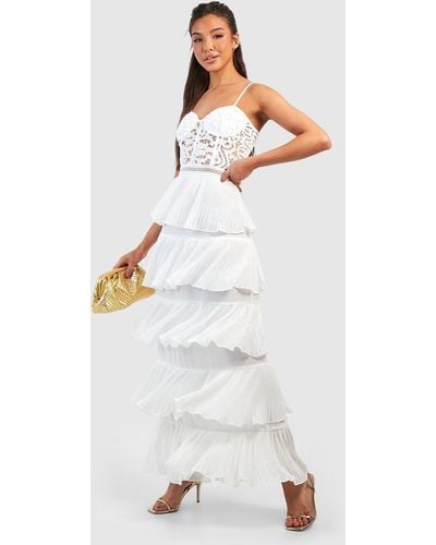 Boohoo Lace Corset Detail Pleated Maxi Dress - White