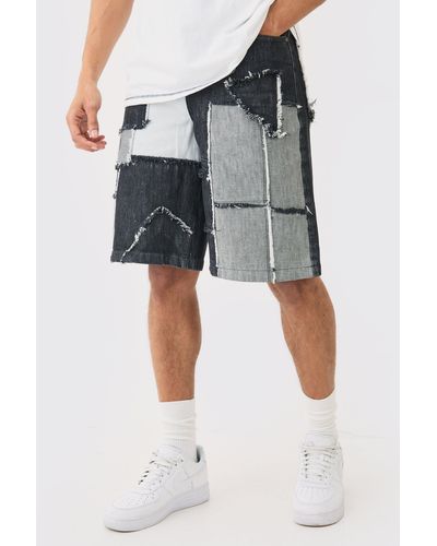 BoohooMAN Distressed Patchwork Denim Jorts In Charcoal - Gray