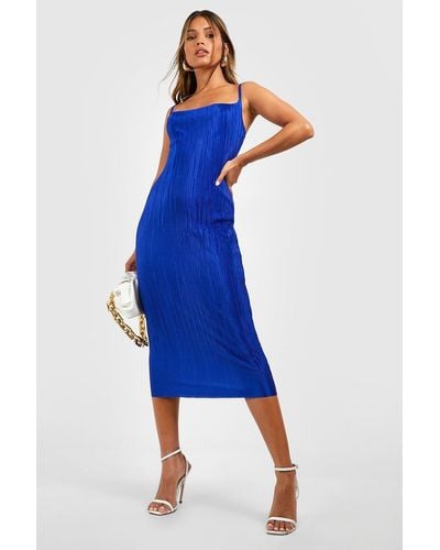 Boohoo Plisse Strappy Midi Dress - Blue